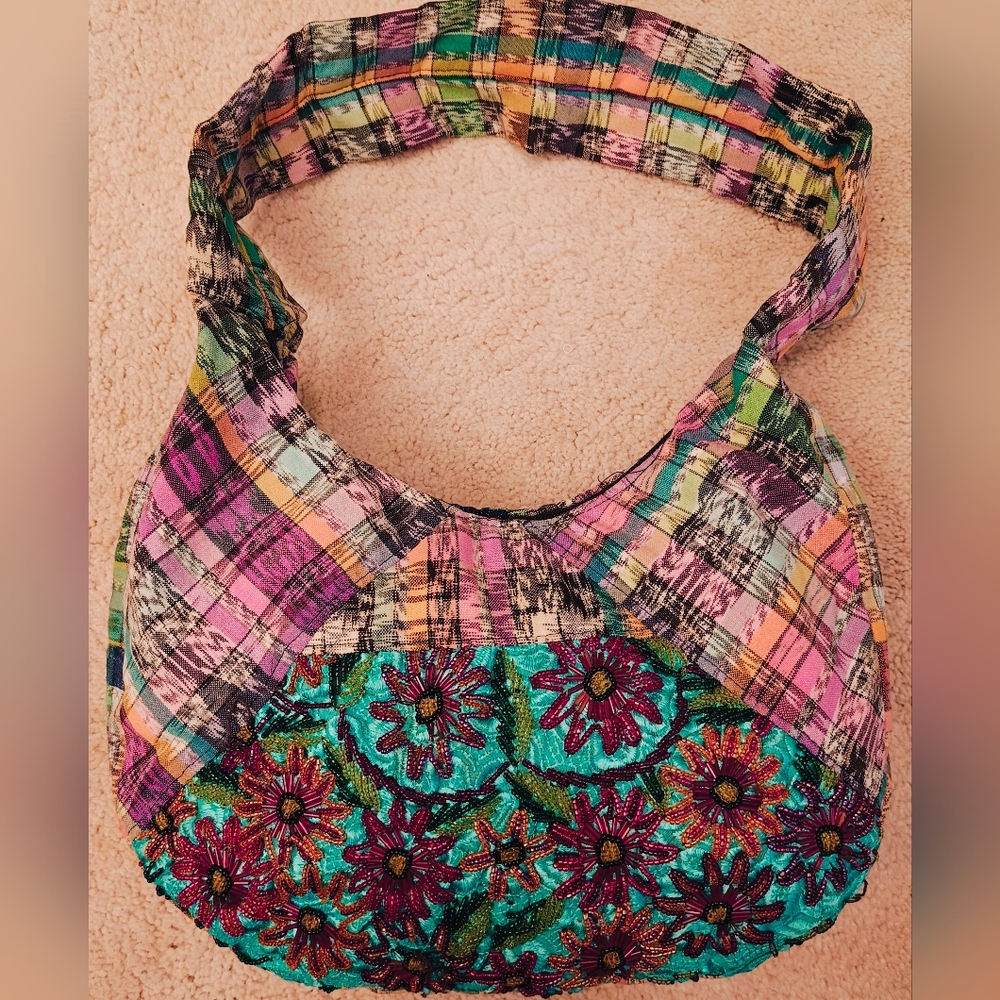 Vtg Patchwork Multi Pattern Double Sided Beaded E… - image 4